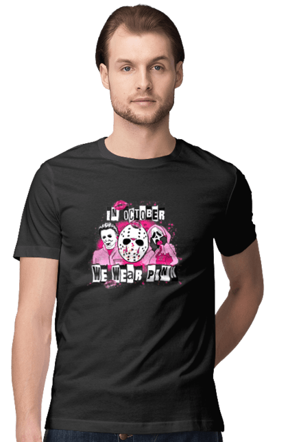 Men's t-shirt with prints In October we wear pink. Costume, halloween, holiday, horror, october, october 31, pink, villains. 2070702