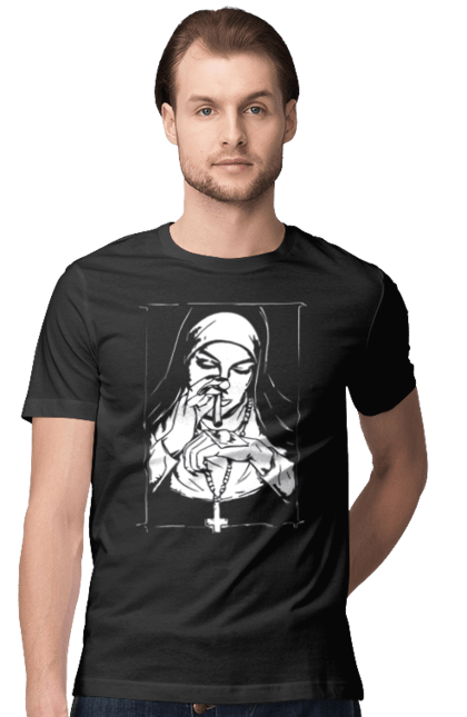 Футболка чоловіча з принтом "Монашка нюхає порошок". Крута, метал, модна, молодіжна, популярна, рок, хрест, черниця, черниця нюхає порошок. 2070702