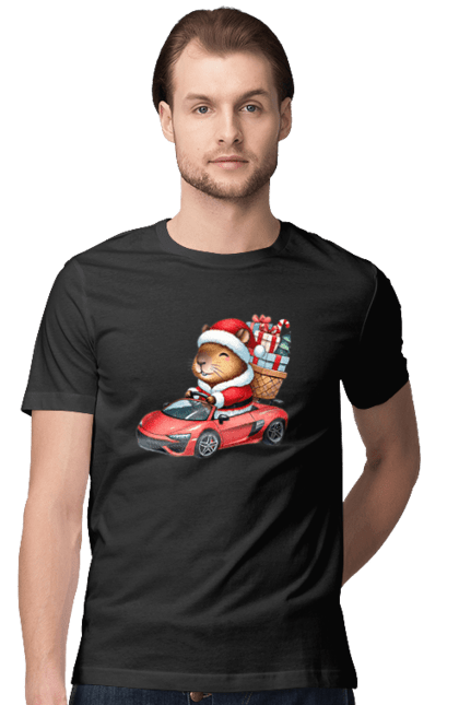 Men's t-shirt with prints Christmas Capybara with a Gift. Animal, capybara, car, christmas, christmas capybara, gift, holiday, new year, new year`s gift, santa. 2070702