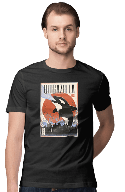 Men's t-shirt with prints Orcazilla. Cartoon style design, graphic, japan print, japanese, japanese art, japanese poster, japanese poster orca, ocean wildlife, orca, orcazilla. 2070702