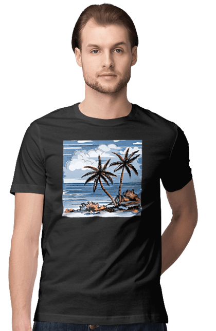 Футболка чоловіча з принтом "Пальми І Небо". Море, небо, пальми, хмари. 2070702