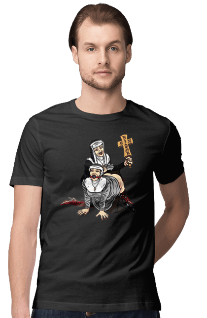 Футболка чоловіча з принтом "Монашки БДСМ". Бдсм, крута, модна, молодіжна, плескає по дупі, рок, рольові ігри, черниці бдсм, черницю, черниця. 2070702