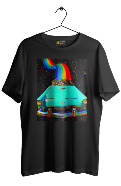 Футболка чоловіча з принтом "Картина, машина у космосі". Веселка, картина, космос, машина, подорожі, поїздка, прикол, ретро. 2070702