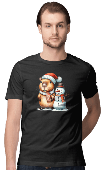 Men's t-shirt with prints Capybara and Snowman. Animal, capybara, christmas, christmas capybara, gift, holiday, new year, new year`s gift, santa, snowman. 2070702