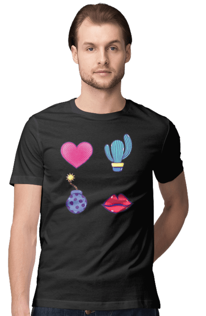 Футболка чоловіча з принтом "Серце, Кактус, Бомба, Губи". Бомба, губи, кактус, серце. 2070702