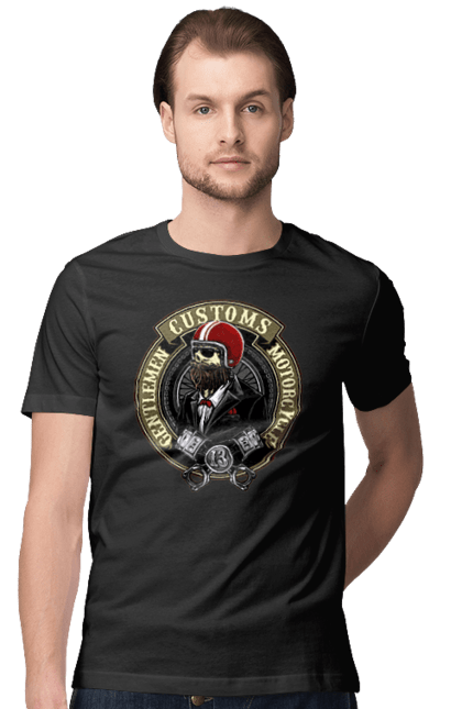 Футболка чоловіча з принтом "джентльменський мотоцикл". Джентельмен, джентльмен, мотоцикл, череп, шолом. 2070702