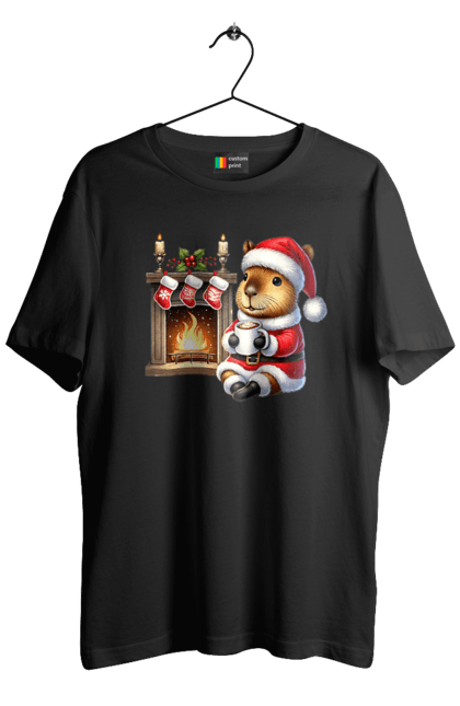 Men's t-shirt with prints Capybara by the fireplace with hot chocolate. Animal, capybara, christmas, christmas capybara, fireplace, gift, holiday, hot chocolate, new year, santa. 2070702