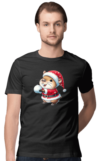 Men's t-shirt with prints Capybara playing snowballs. Animal, capybara, christmas, christmas capybara, game, gift, holiday, new year, santa, snowballs. 2070702