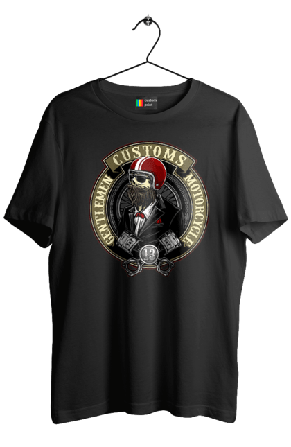 Футболка чоловіча з принтом "джентльменський мотоцикл". Джентельмен, джентльмен, мотоцикл, череп, шолом. 2070702
