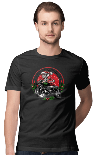 Футболка чоловіча з принтом "Щасливого Різдва, дід мороз на мотоциклі". 2022, дід мороз, зима, мотоцикл, новий рік, подарунки, різдво, санта, сніг. 2070702