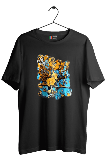 Футболка чоловіча з принтом "Жовті квіти на синьому фоні". Арт, жовтий та синій, жовті квіти, жовто-синій, квіти, малюнок, природа, синій та жовтий, синьо-жовтий. 2070702