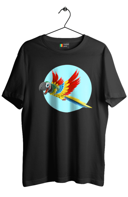 Футболка чоловіча з принтом "Папуга". Барвистий папуга, какаду, кольоровий папуга, папуга, що летить. 2070702