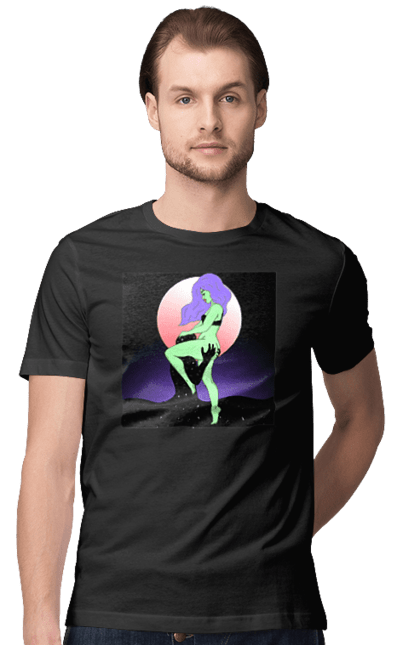 Футболка чоловіча з принтом "Зелена Дівчина І Місяць". Інопланетянка, місяць. 2070702