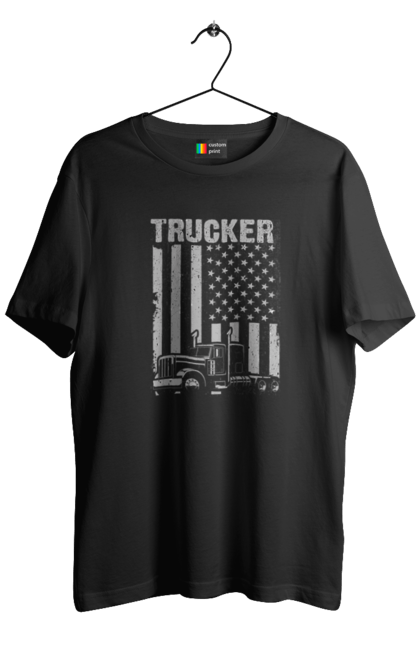 Футболка чоловіча з принтом "Дальнобійник". Trucker, авто, вантаж, далекобійник, прапор, прапор сша, сша, фура. KRUTO.  Магазин популярних футболок