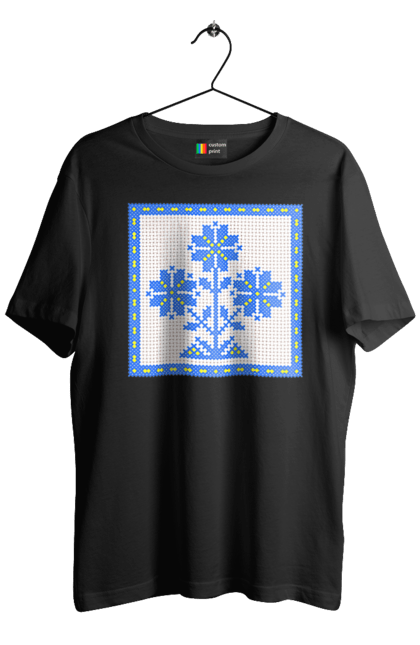 Men`s t-shirt with prints Yellow blue embroidery flowers. Cross stitch, embroidery, flowers, symbol of ukraine, traditions of ukraine, ukraine. 2070702