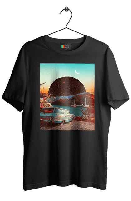 Футболка чоловіча з принтом "Картина, машина біля річки". Картина, машина, планета, прикол, ретро, річка. 2070702