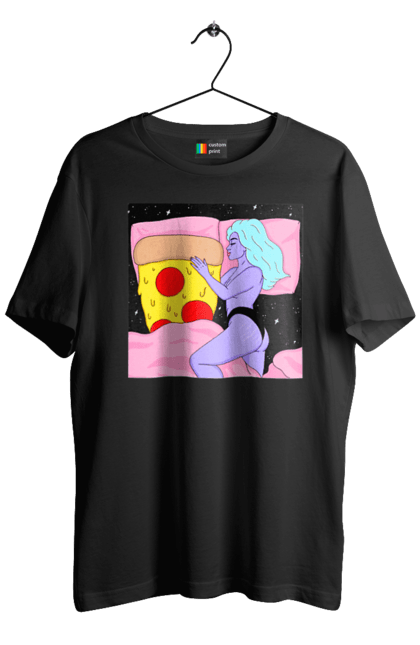 Футболка чоловіча з принтом "Фіолетова Дівчина І Піца". Дівчина, ліжко, піца. 2070702