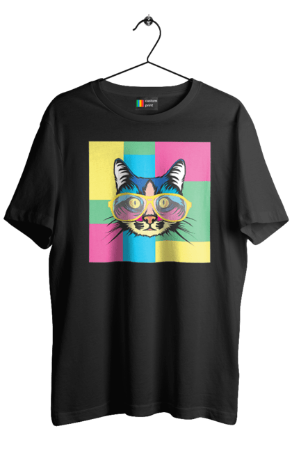 Men's t-shirt with prints Cat with glasses. Animal, art, bright, cat, cat, glasses, mustache, picture, wool. 2070702