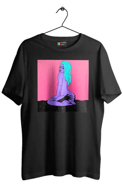 Футболка чоловіча з принтом "Фіолетова Дівчина В Руках". Дівчина, інопланетянка, сидить. 2070702