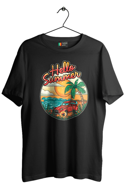 Футболка чоловіча з принтом "Привіт Літо, Машина Біля Моря". Літо, машина, острів, пальма, пляж. 2070702