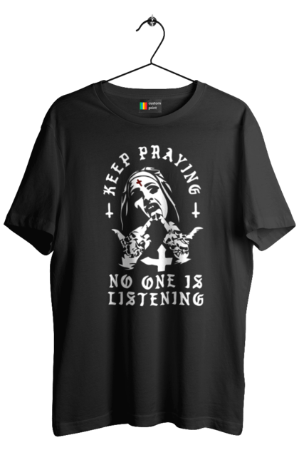Футболка чоловіча з принтом "Монашка фак". Крута, метал, модна, молодіжна, ніхто не слухає, продовжуй молитися, рок, стильна, фак, черниця. 2070702