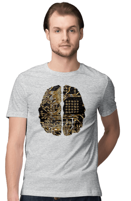 Футболка чоловіча з принтом "Мозок Айті". Айті, айтішник, гик, знання, золотий, золото, інженер, кібер, кібернетика, кіборг, код, комп, кристал, мікросхема, мозок, програміст, професіонал, професія, розробник, розум, чіп. 2070702