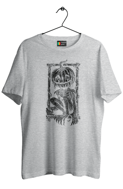 Men's t-shirt with prints Scarecrow. Autumn, claws, frame, halloween, horror, pumpkin, scarecrow, skeleton, smile. 2070702