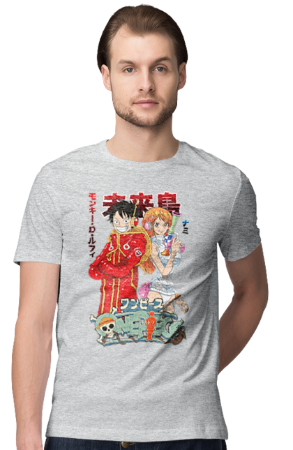 Men's t-shirt with prints One Piece Nami and Luffy. Anime, cat burglar, manga, nami, one piece, straw hat pirates. 2070702