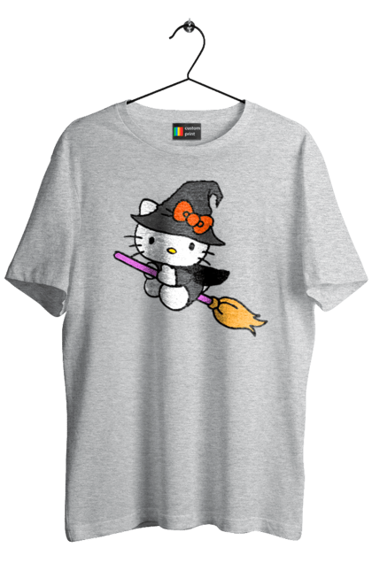 Футболка мужская с принтом Хелло Китти Хэллоуин. Halloween, hello kitty, witch, бренд, ведьма, кот, котенок, персонаж, хелло китти, хэллоуин. 2070702