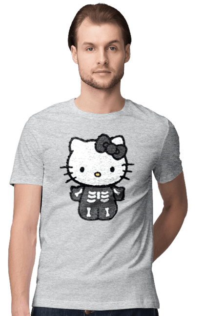 Футболка мужская с принтом Хелло Китти Хэллоуин. Halloween, hello kitty, zombie, бренд, зомби, котенок, персонаж, скелет, хелло китти, хэллоуин. 2070702