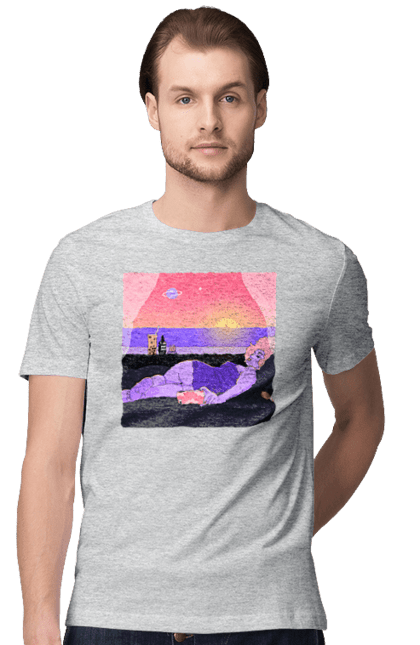 Футболка чоловіча з принтом "Фіолетова Дівчина На Відпочинку". Дівчина, захід, телефон. 2070702