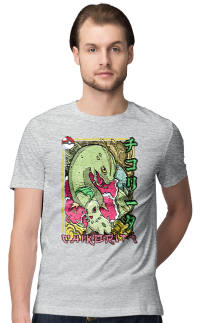 Men's t-shirt with prints Pokemon Chikorita. Anime, chikorita, games, nintendo, pokemon, pokemon go. 2070702