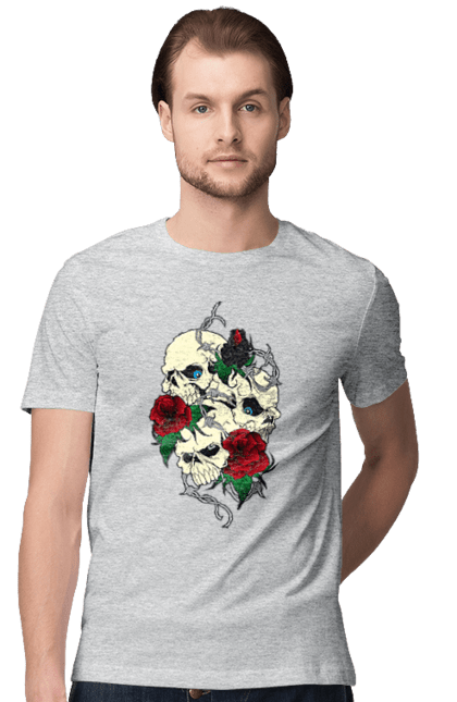 Men's t-shirt with prints Skulls with roses. Bones, eyes, flowers, leaves, rose flower, roses, scull, spikes, teeth. 2070702