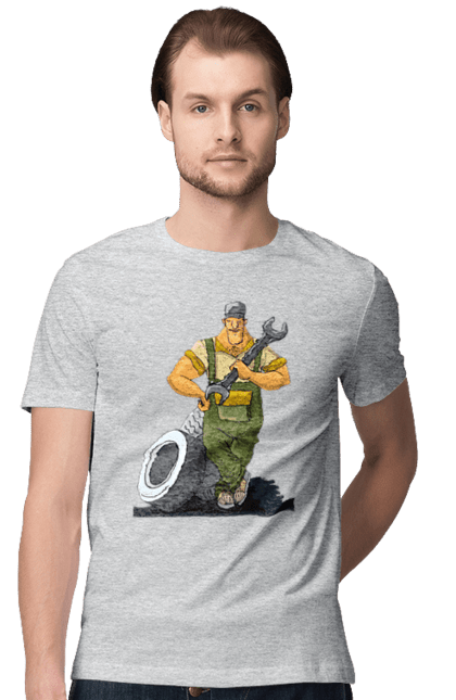 Men`s t-shirt with prints Car Mechanic. Profession, wheels, wrench. 2070702