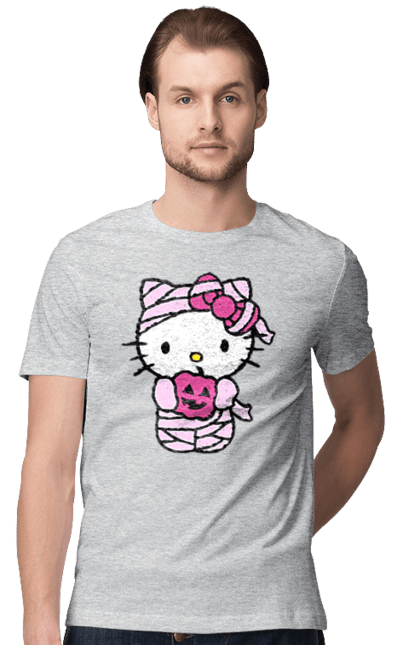 Футболка мужская с принтом Хелло Китти Хэллоуин. Halloween, hello kitty, mummy, бренд, кот, котенок, мумия, персонаж, хелло китти, хэллоуин. 2070702