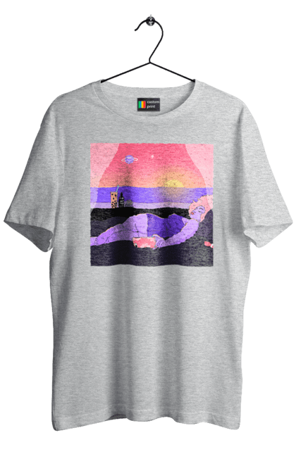 Футболка чоловіча з принтом "Фіолетова Дівчина На Відпочинку". Дівчина, захід, телефон. 2070702