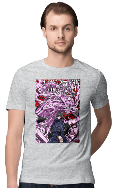 Men's t-shirt with prints Jujutsu Kaisen Megumi. Anime, dark fantasy, fushiguro, fushiguro megumi, jujutsu kaisen, magic battle, manga, megumi, mystic. 2070702