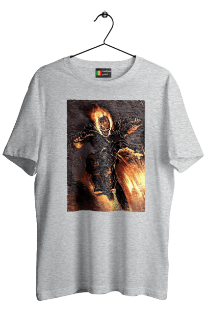 Футболка мужская с принтом Адский Гонщик. Адский гонщик, мотоцикл, огонь, скелет, чоппер. 2070702