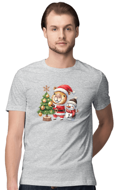 Men's t-shirt with prints Christmas Capybara with a Tree. Animal, capybara, christmas, christmas capybara, christmas tree, gift, holiday, new year, new year`s gift, santa. 2070702