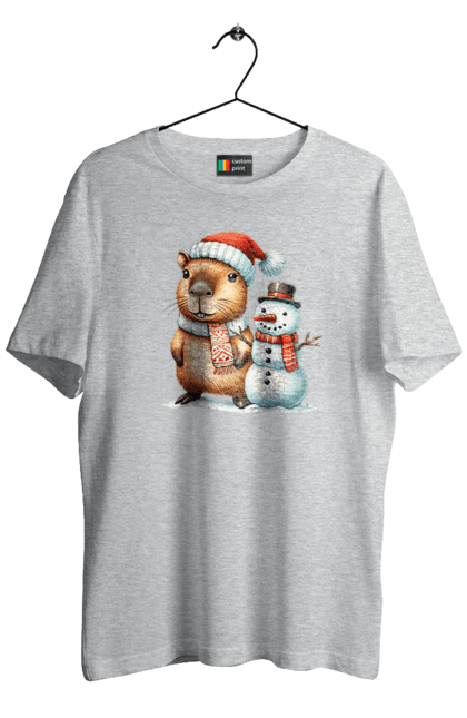 Men's t-shirt with prints Capybara and Snowman. Animal, capybara, christmas, christmas capybara, gift, holiday, new year, new year`s gift, santa, snowman. 2070702