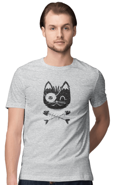 Футболка чоловіча з принтом "Кіт пірат". Кістки, кіт, крутий малюнок, милі рисунки, пірати, риба, тварини, череп. 2070702