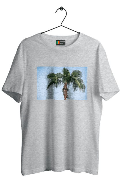 Футболка чоловіча з принтом "Пальма на тлі неба". Берег, блакитне, відпочинок, відпустку, єгипет, зелений, зелені, лист, листя, море, небо, оазис, океан, острів, пальма, південь, подорож, пригоди, тропіки, туреччина. 2070702