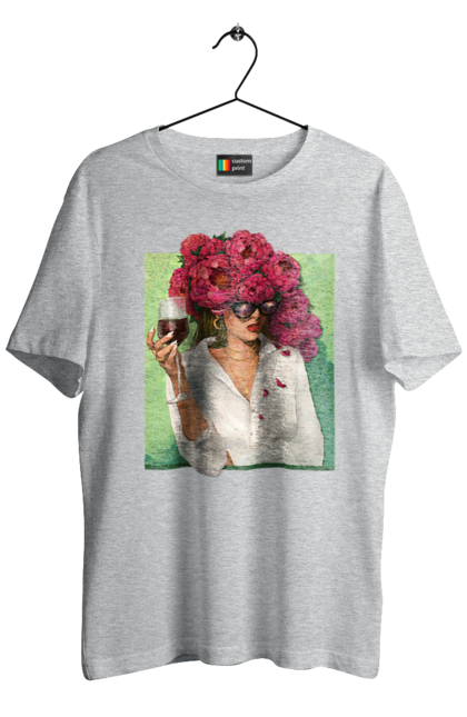 Men`s t-shirt with prints Girl with peonies and a glass. Flower, girl, glasses, goblet, peonies, shirt, summer, wine. 2070702