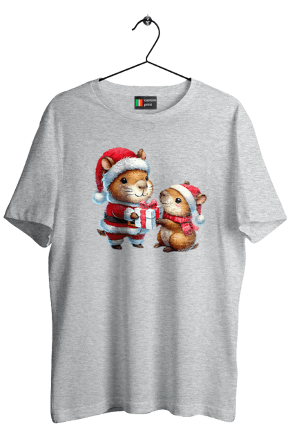 Men's t-shirt with prints Christmas Capybara with a Gift. Animal, capybara, christmas, christmas capybara, gift, holiday, new year, new year`s gift, santa. 2070702