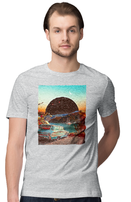 Футболка чоловіча з принтом "Картина, машина біля річки". Картина, машина, планета, прикол, ретро, річка. 2070702