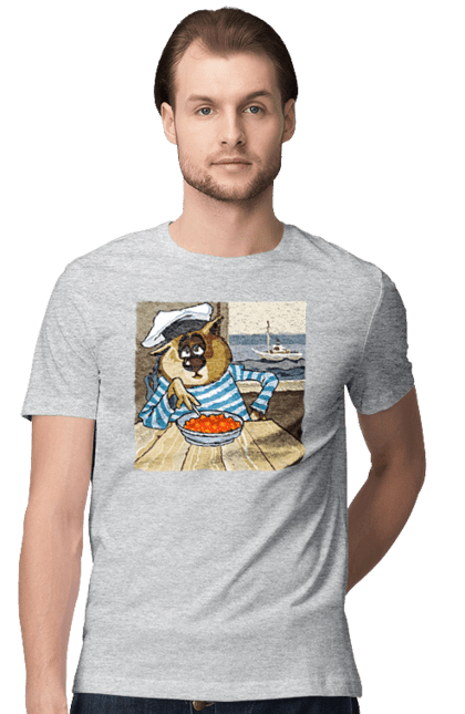 Футболка чоловіча з принтом "Кот Моряк, На Кораблі Їсть Червону Ікру". Ікра, кіт, корабель, моряк. 2070702