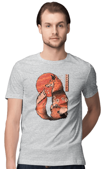 Men's t-shirt with prints Kitsune. Animal, cherry blossoms, flowers, fox, great wave, japan, japanese, kitsune, mount fuji, red fox. 2070702