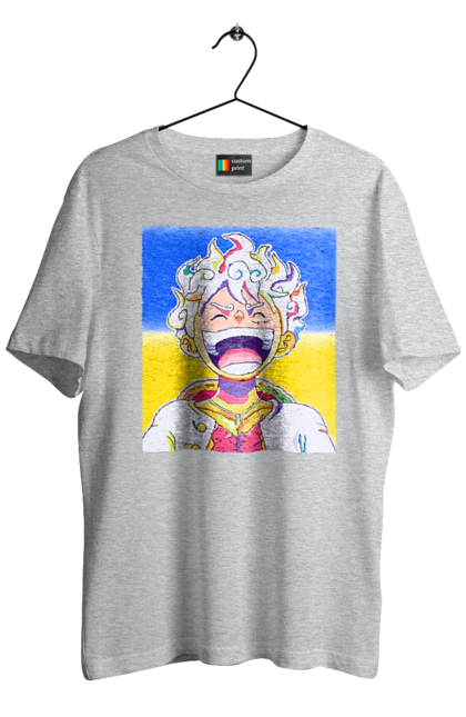 Футболка чоловіча з принтом "Монкі д Луффі сміється на жовто блактному фоні". Ван піс, луффі, монкі д. луффі, прапор україни, символ україни, україна. 2070702