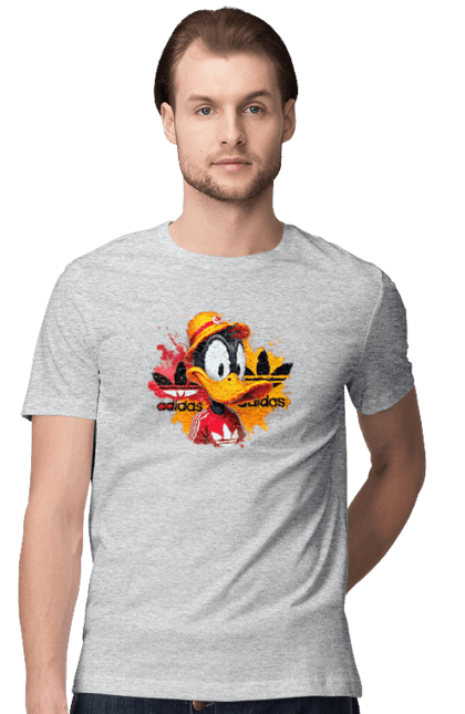 Футболка мужская с принтом Даффи Дак Adidas. Adidas, daffy duck, looney tunes, merrie melodies, warner brothers, даффи дак, мультфильм, персонаж, утка даффи. 2070702