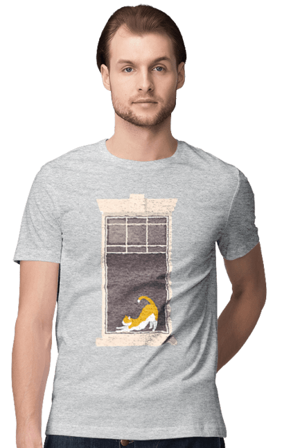 Футболка чоловіча з принтом "Кіт В Вікні". Вікно, кіт, потягушки, рудий. 2070702
